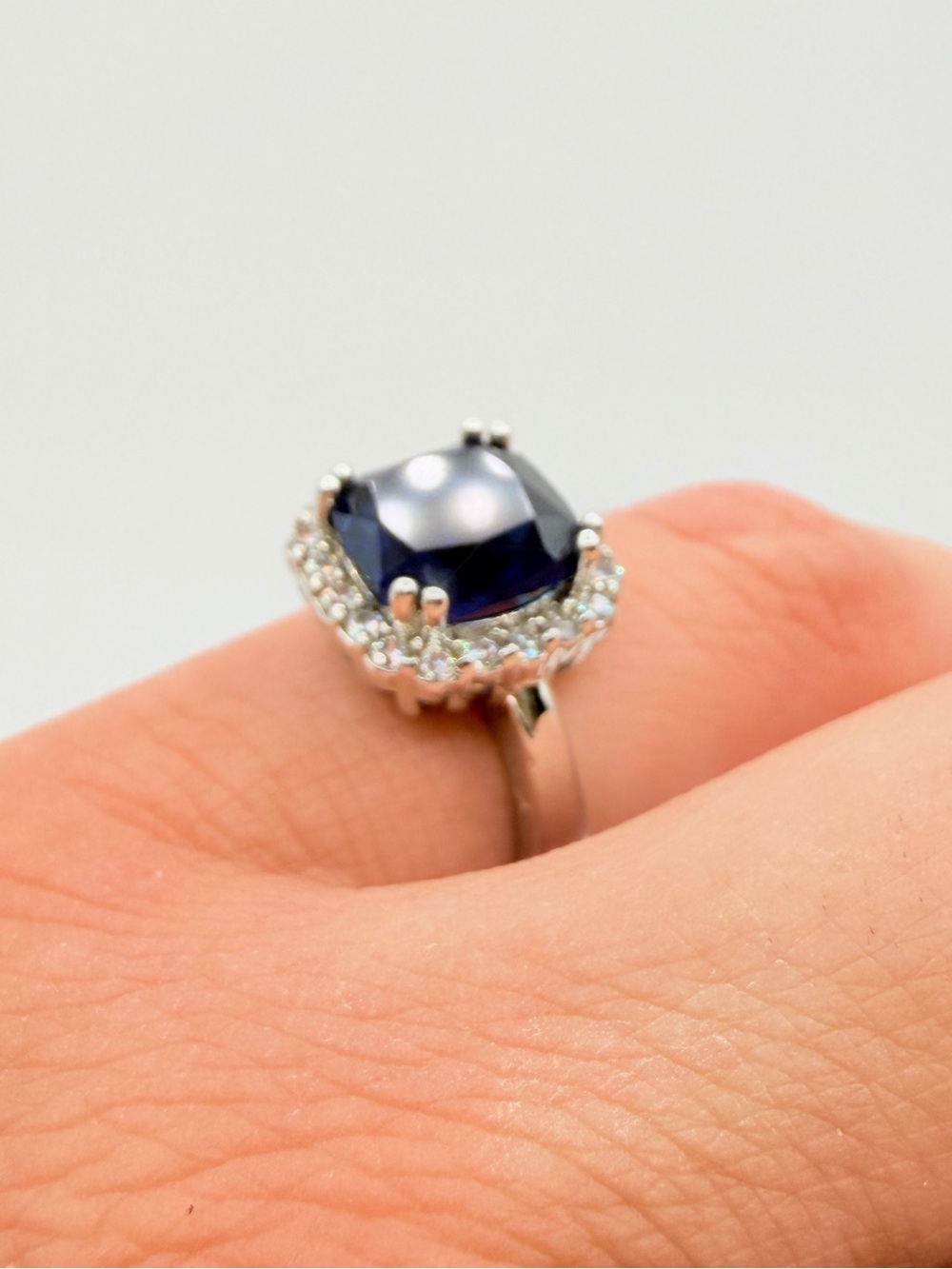 925 Sterling Silver Blue Sapphire Halo Cocktail Ring Size 5